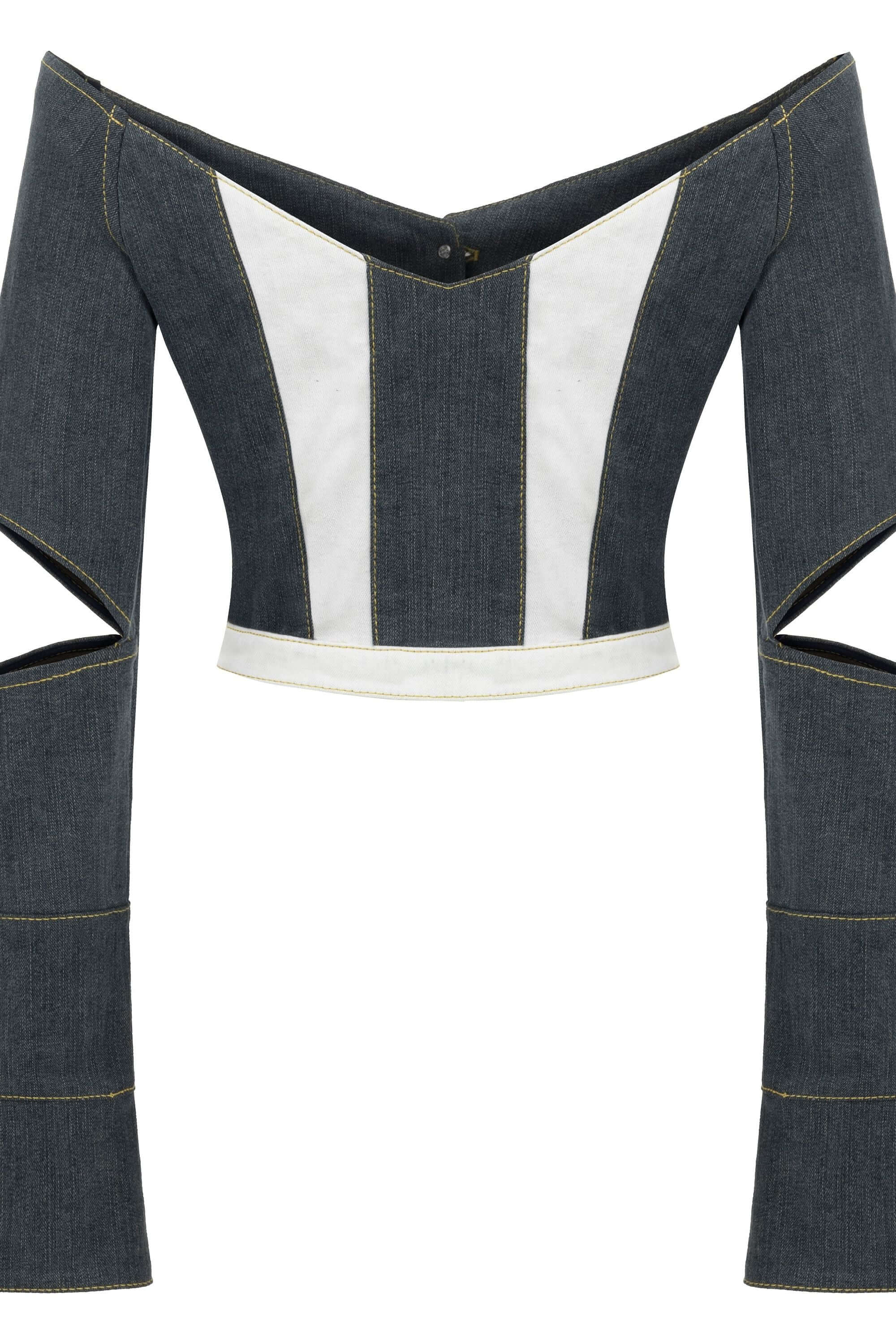 JENDUE stylish light blue denim outerwear, featuring a wide folded collar and exposed shoulders.