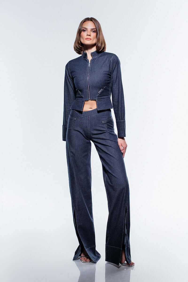 JENDUE Noble Wide Leg Jeans in navy blue, with a high, V-shaped waistline and exposed white contrast stitching.