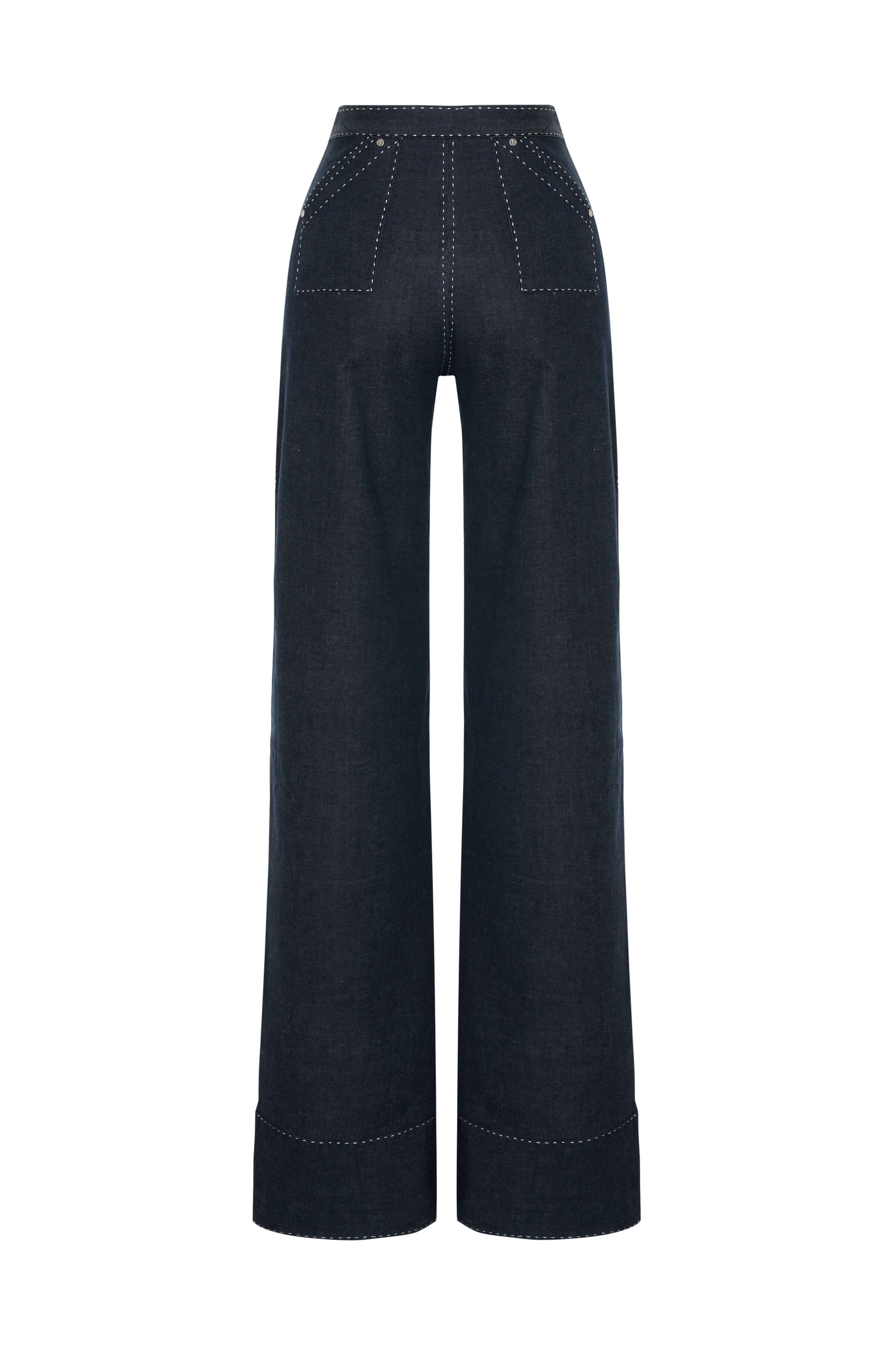 Navy blue JENDUE Noble Denim Jeans. The wide-leg cut includes a split hem on each leg, accented with white stitching.