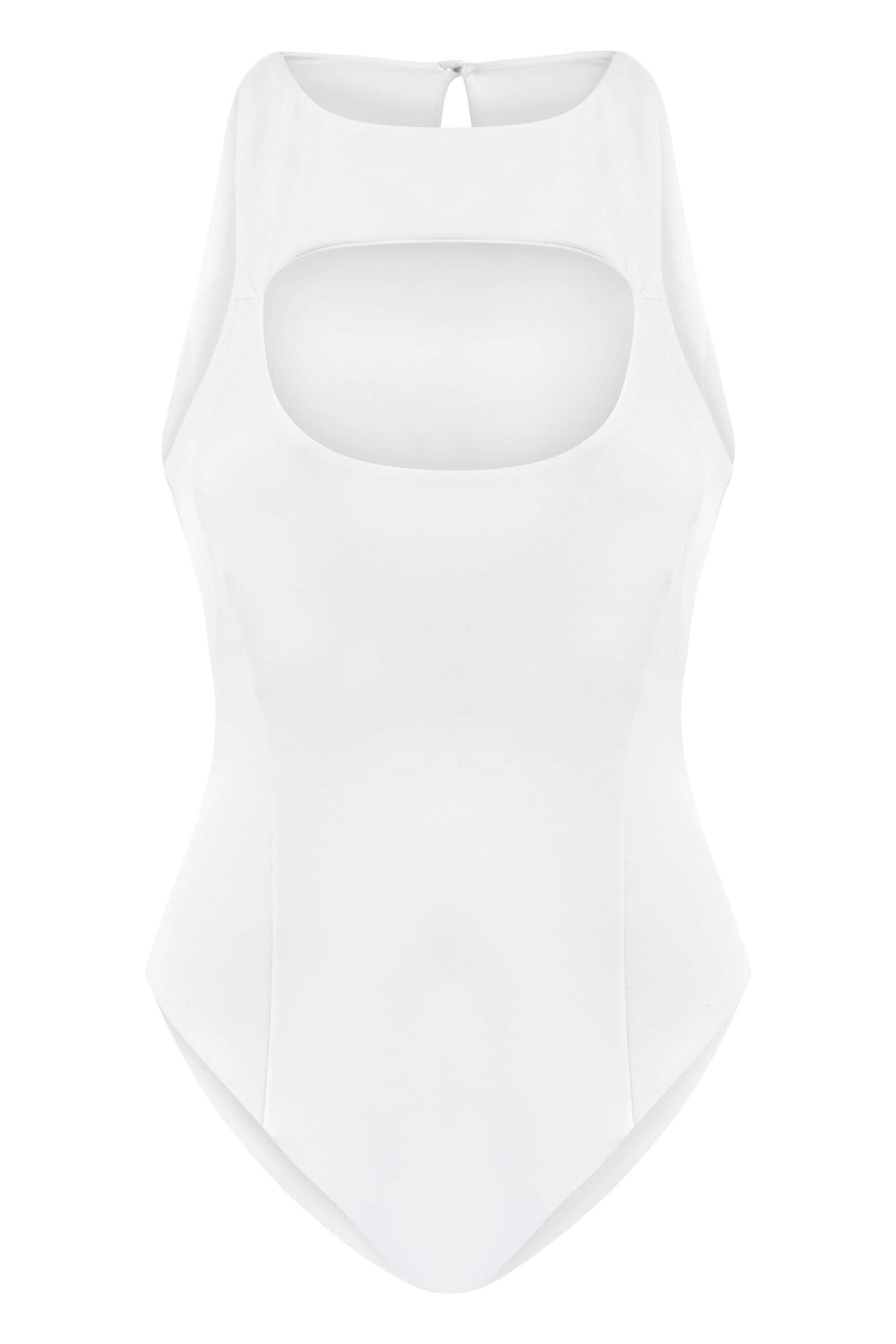 JENDUE white bodysuit denim top: stylish, sleeveless, with a unique chest cut-out.