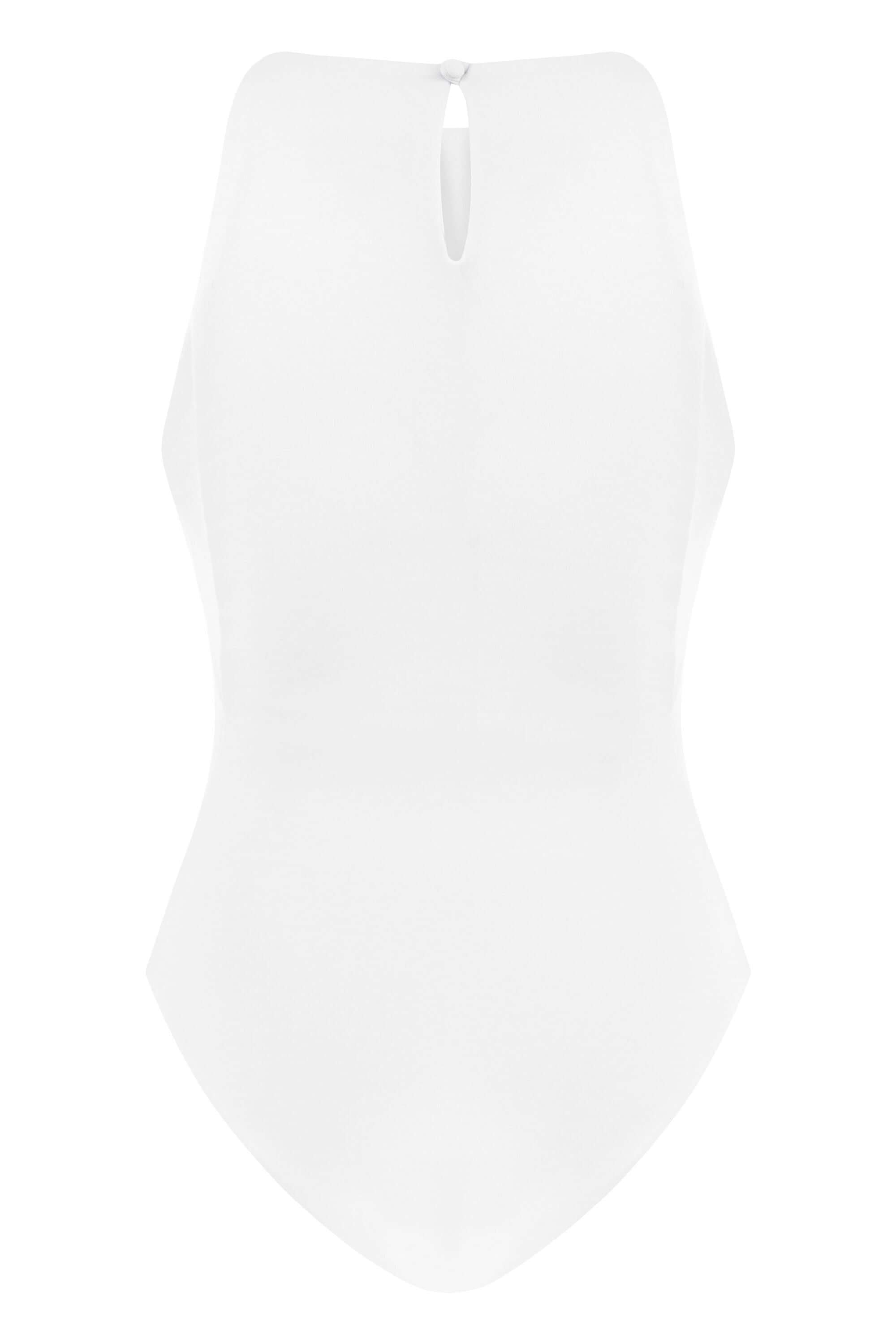 JENDUE chic white bodysuit featuring a structured square neckline and a modern keyhole detail.