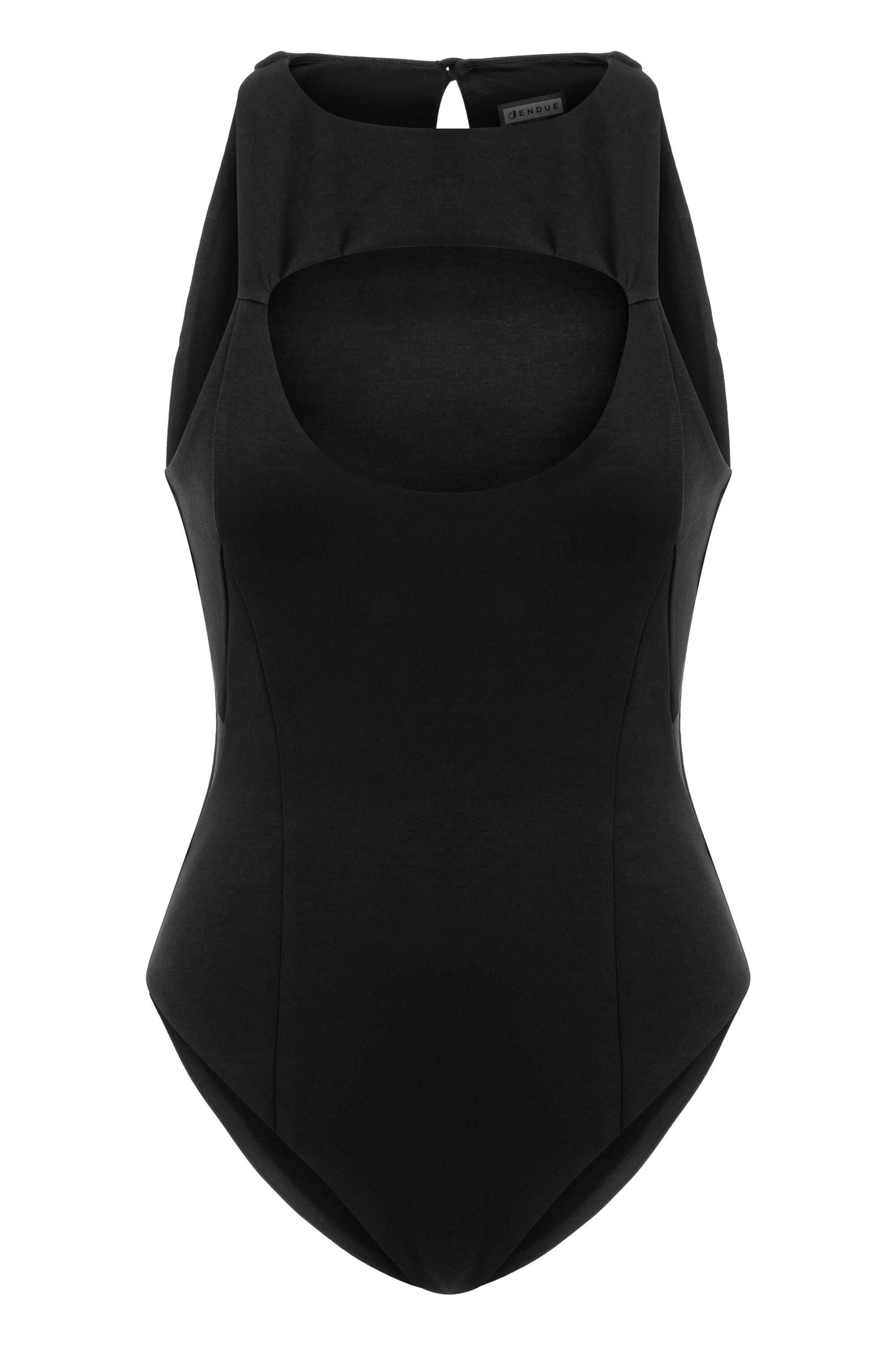 JENDUE fashionable black sleeveless top: fitted, with an elegant front cut-out and high neck.
