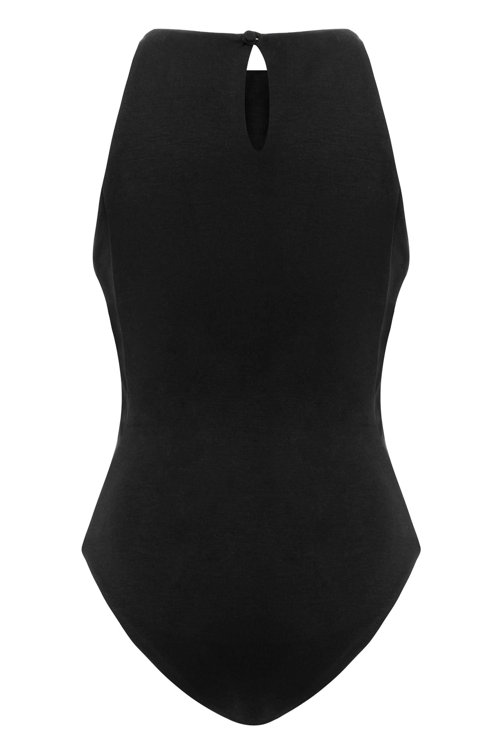 JENDUE trendy black bodysuit, perfect for a layered look or a statement outfit.