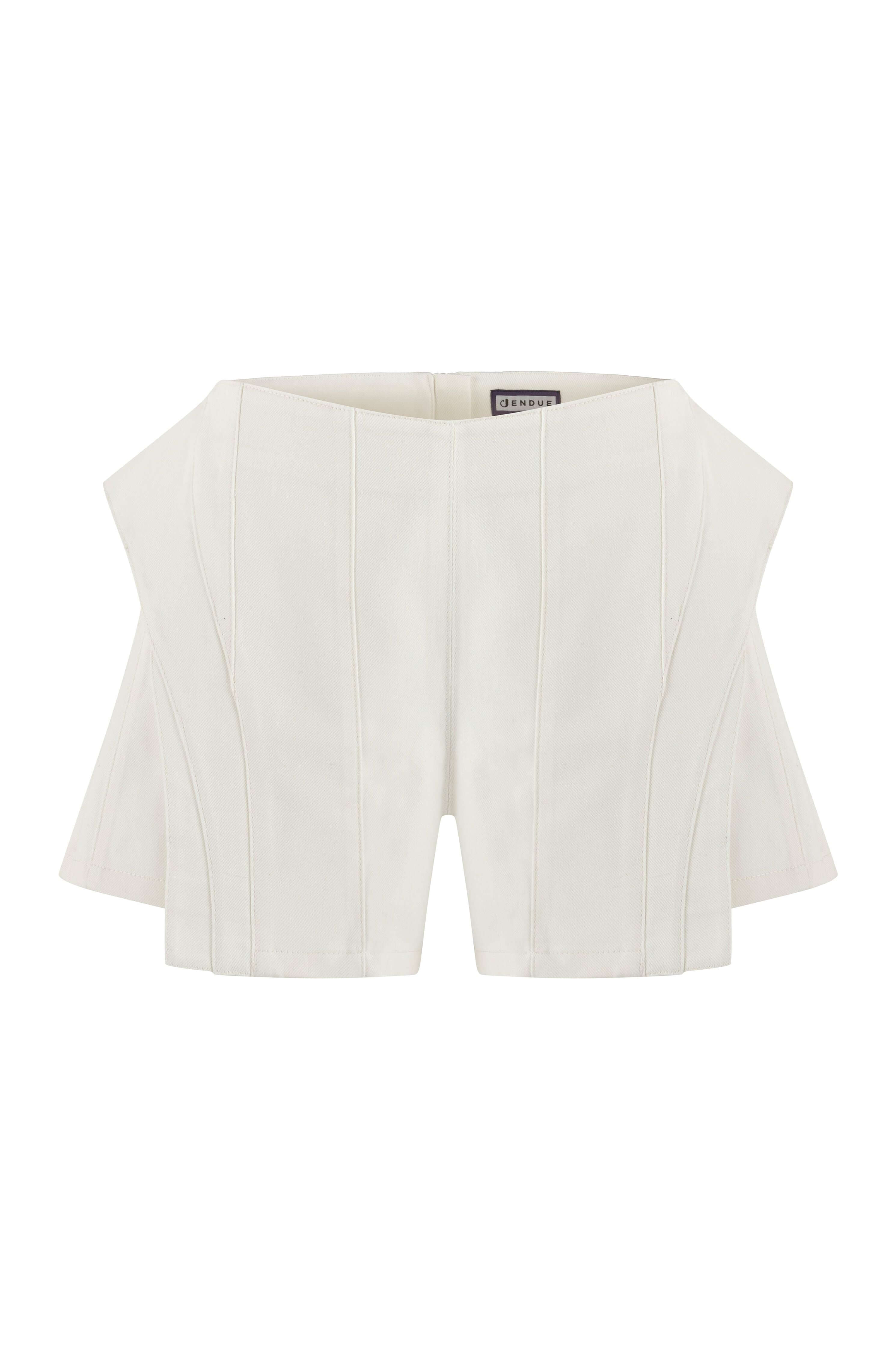 JENDUE white 3D denim mini shorts: sculptural design, high-waisted, and unique.