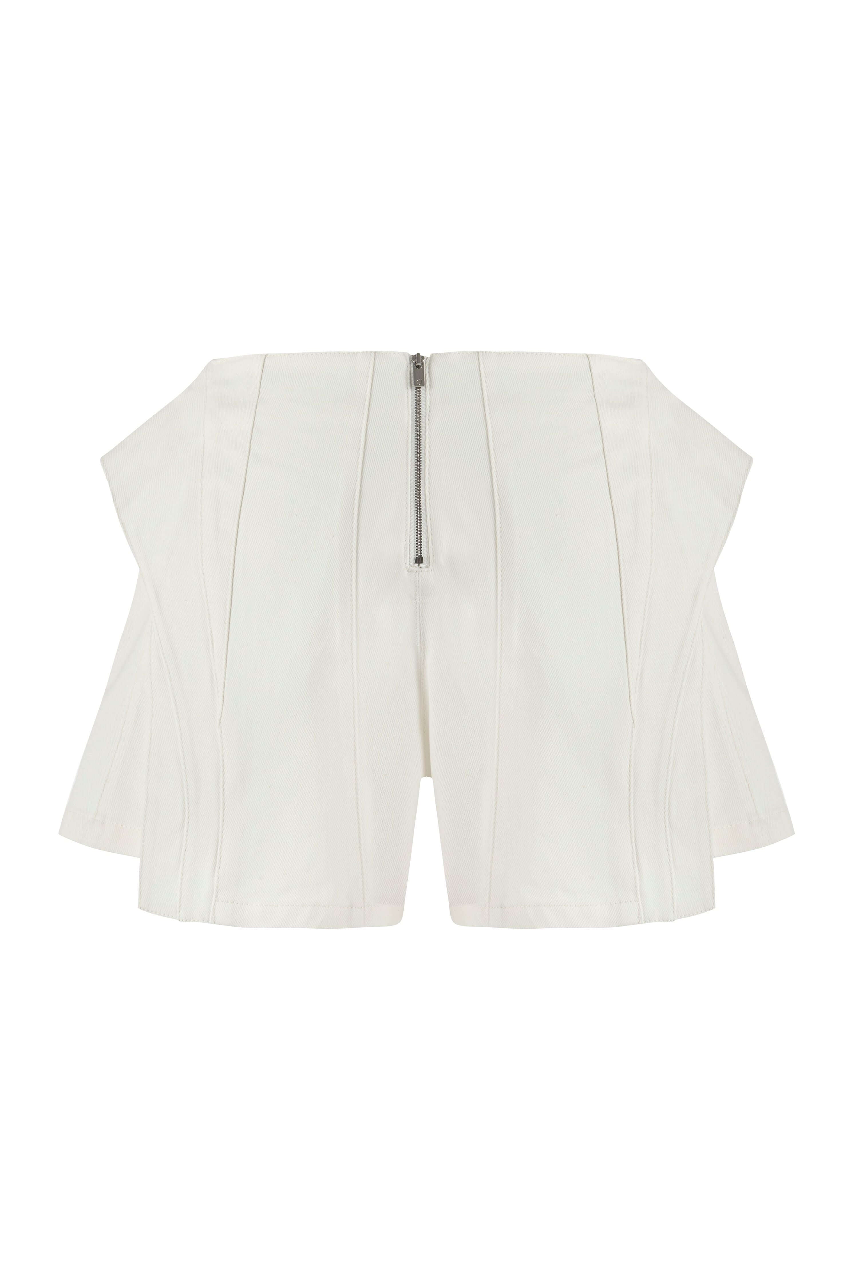 JENDUE chic white denim short shorts, featuring layered fabric and a modern, deconstructed look..
