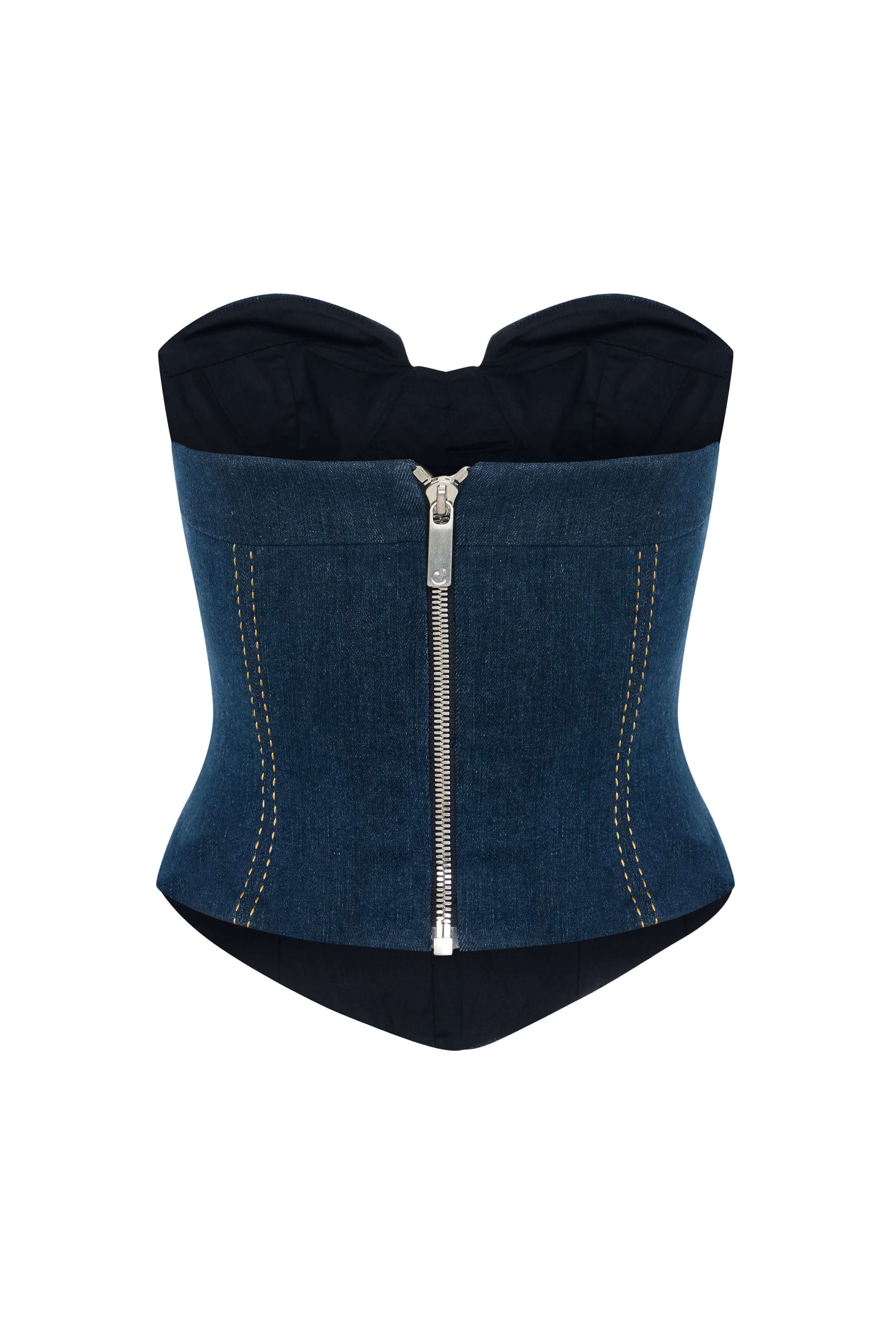 Fitted navy denim corset with a cropped length and detailed yellow stitching throughout.