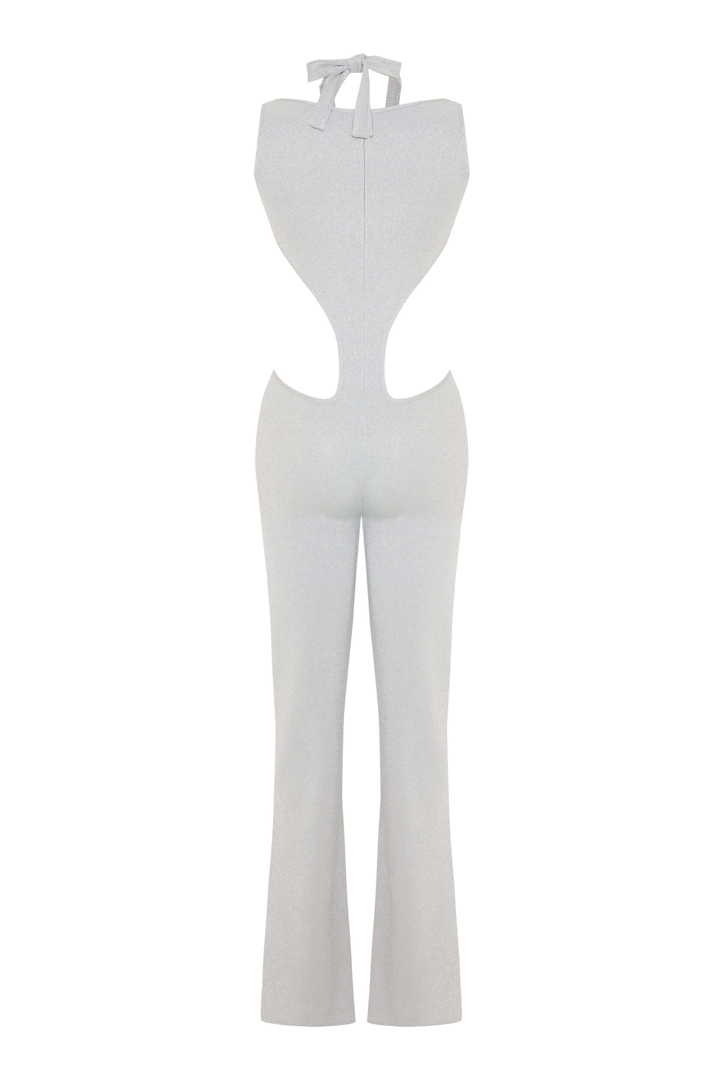 This silver, shimmering jumpsuit has a halter neckline and large side cutouts that wrap around to the back.