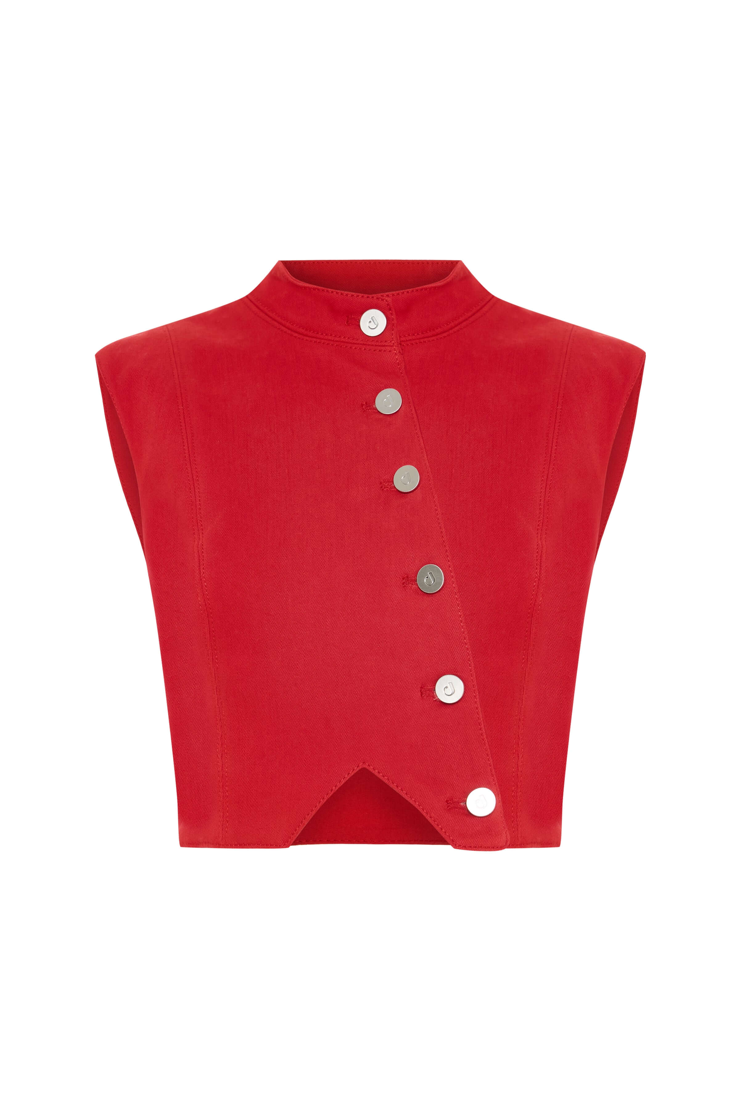 Red JENDUE Soul Flame denim crop top featuring a unique, diagonal silver button closure and high neckline.