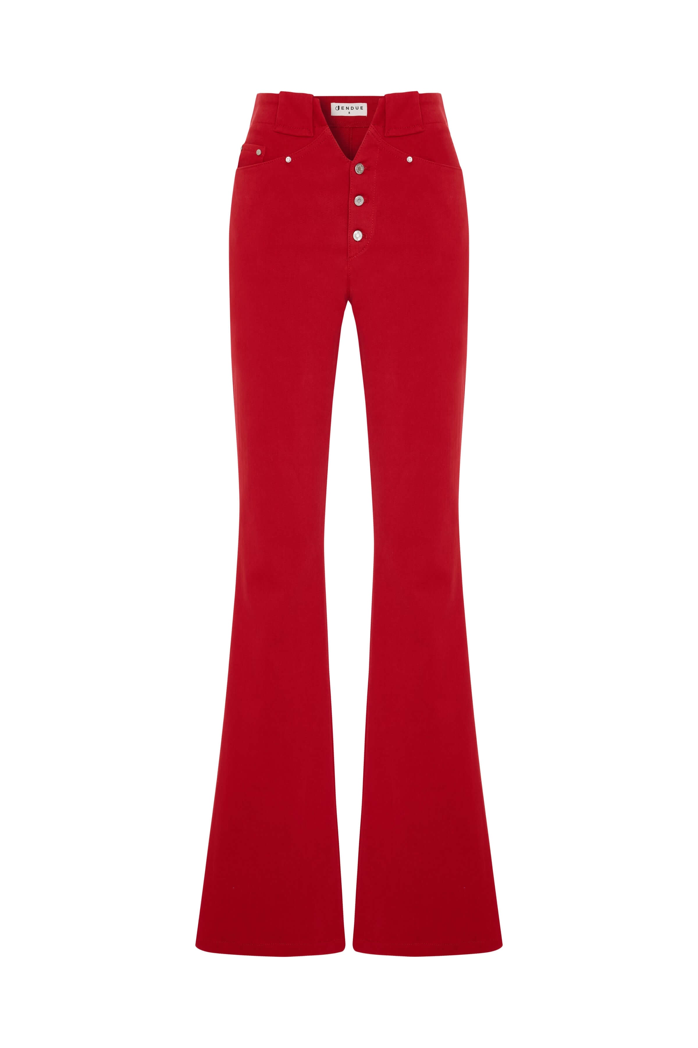 Red JENDUE denim jeans, high-waisted, featuring silver front buttons and a wide flare.
