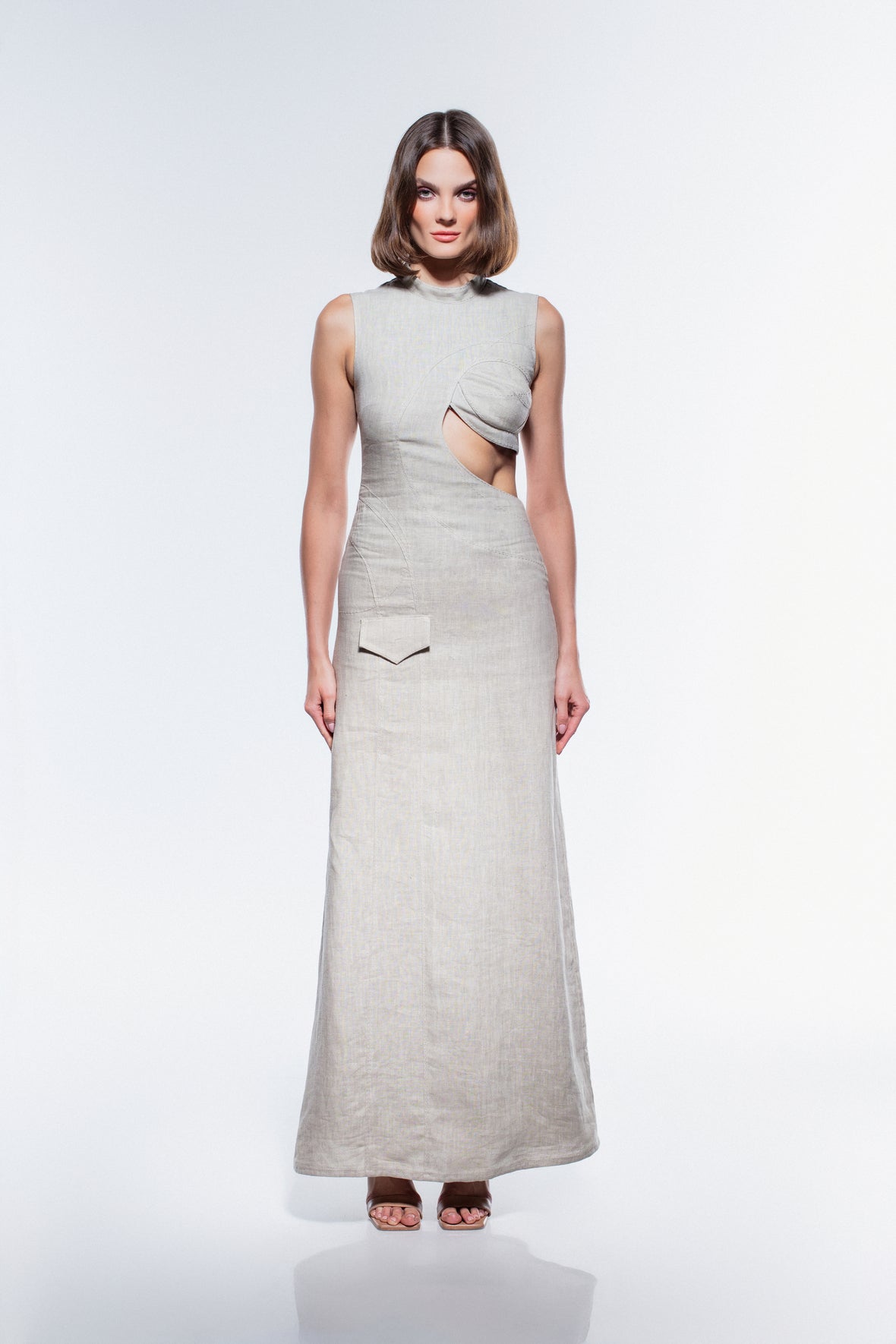 JENDUE Soul Flame Dress - Avant-Garde Linen Maxi Cut-Out