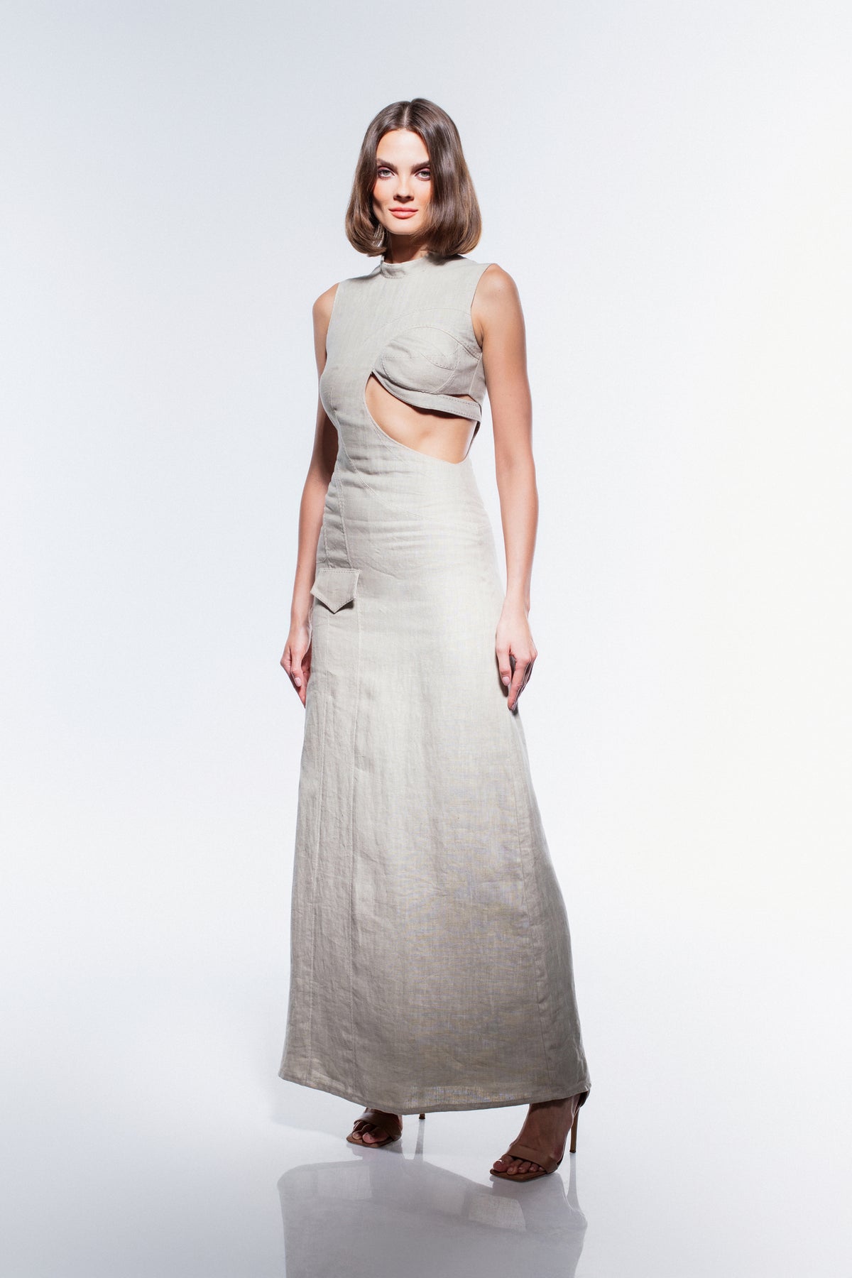 JENDUE Soul Flame Dress - Avant-Garde Linen Maxi Cut-Out