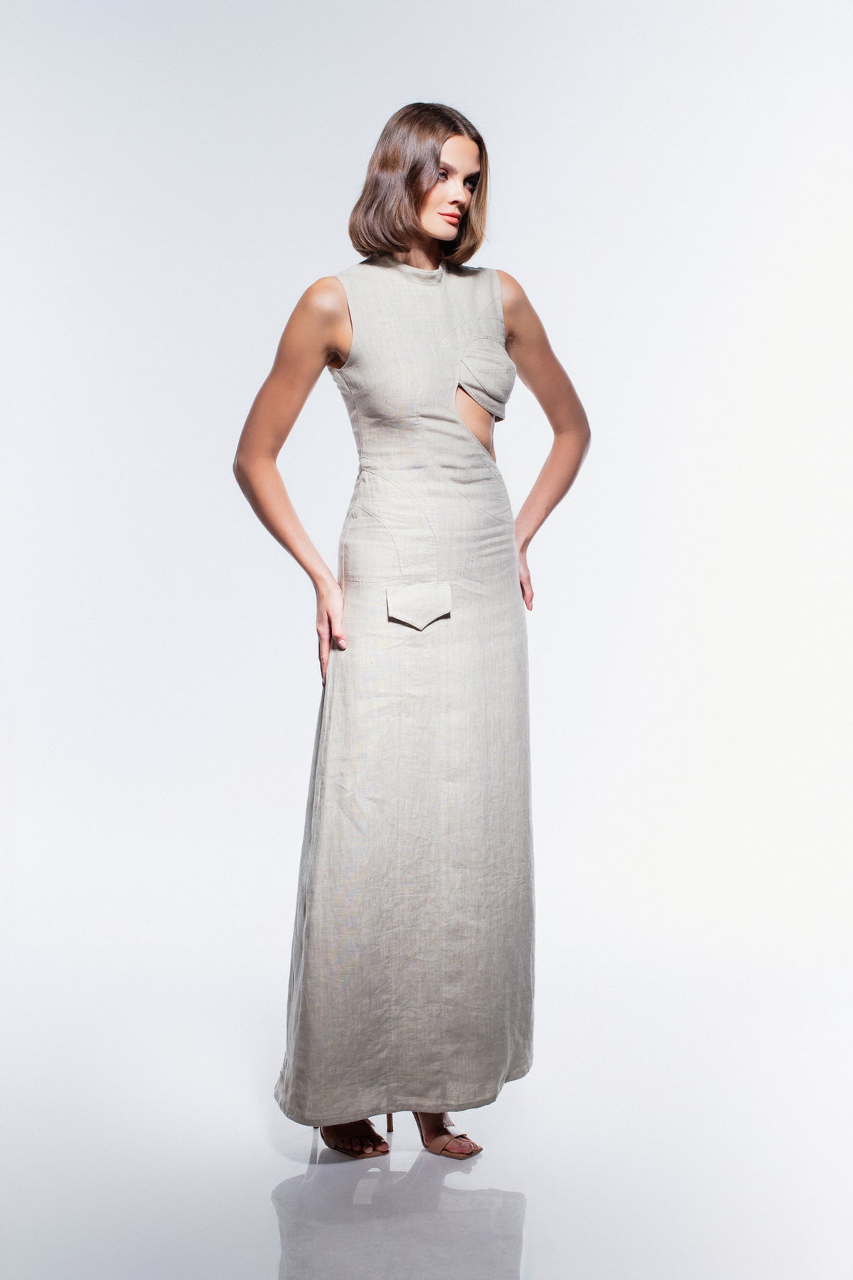 JENDUE Soul Flame Dress - Avant-Garde Linen Maxi Cut-Out