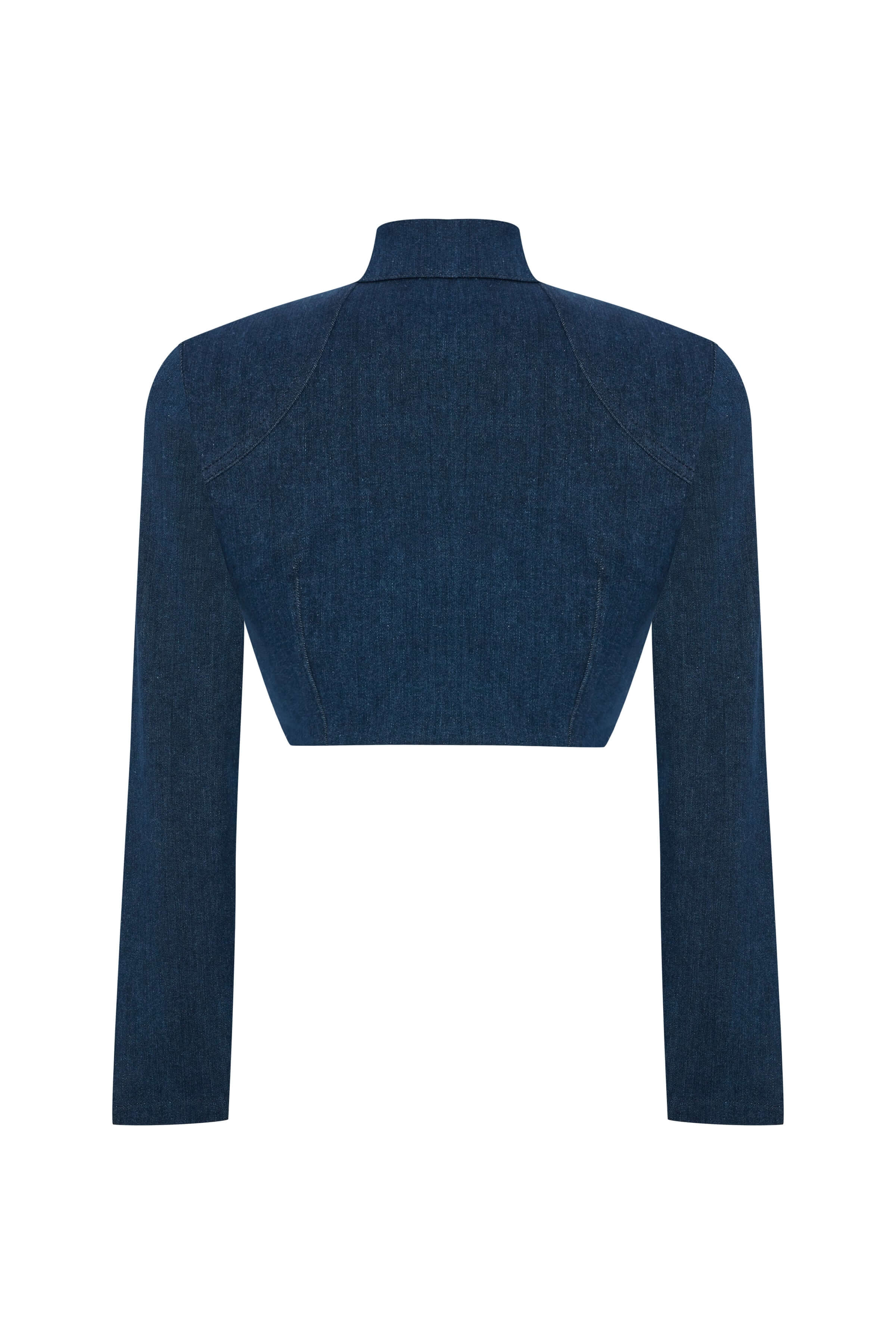 JENDUE Stylish blue denim cropped jacket with a structured silhouette, high neck, and flared cuffs.