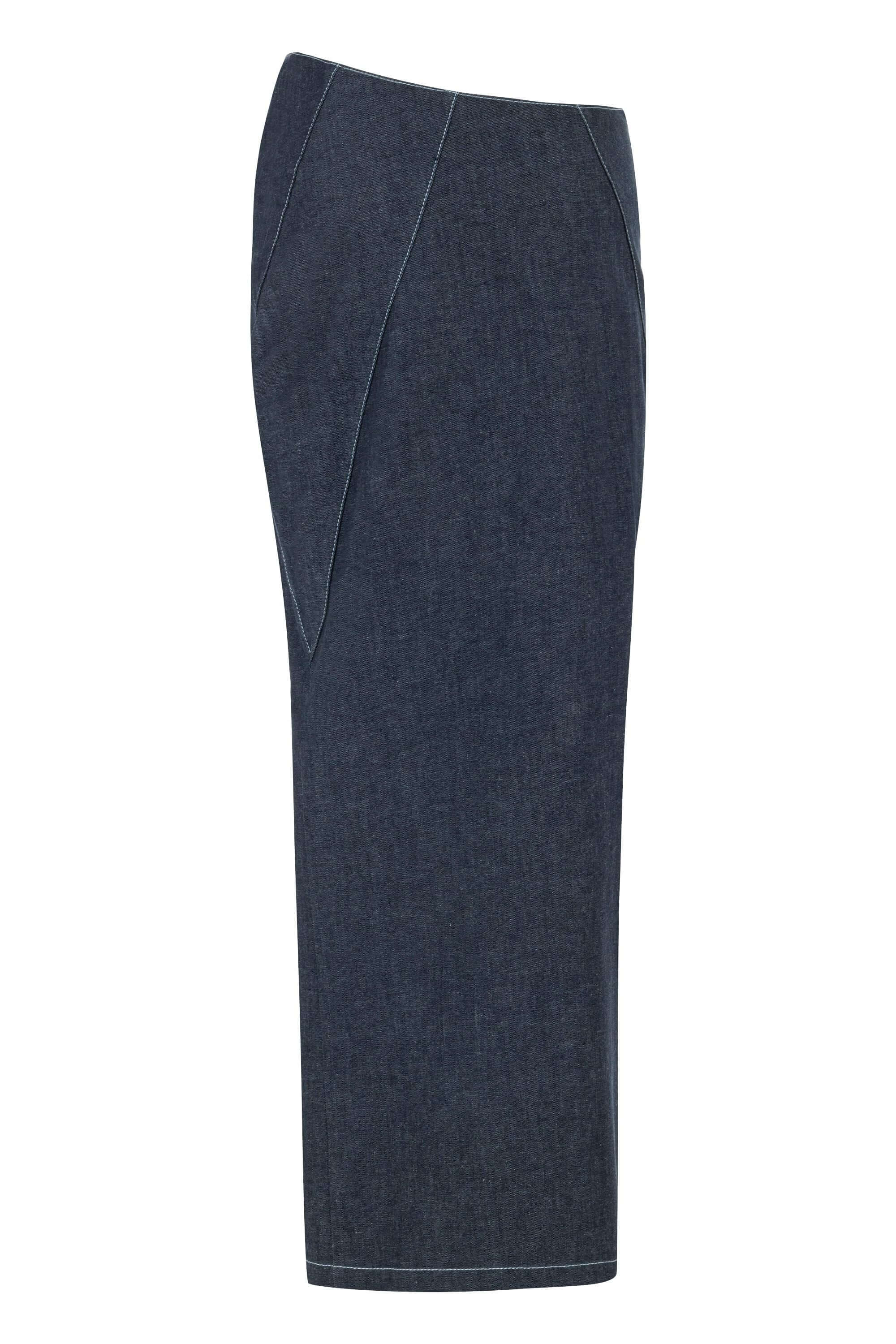 JENDUE chic dark blue denim midi skirt, featuring an edgy asymmetrical hemline and front slit.