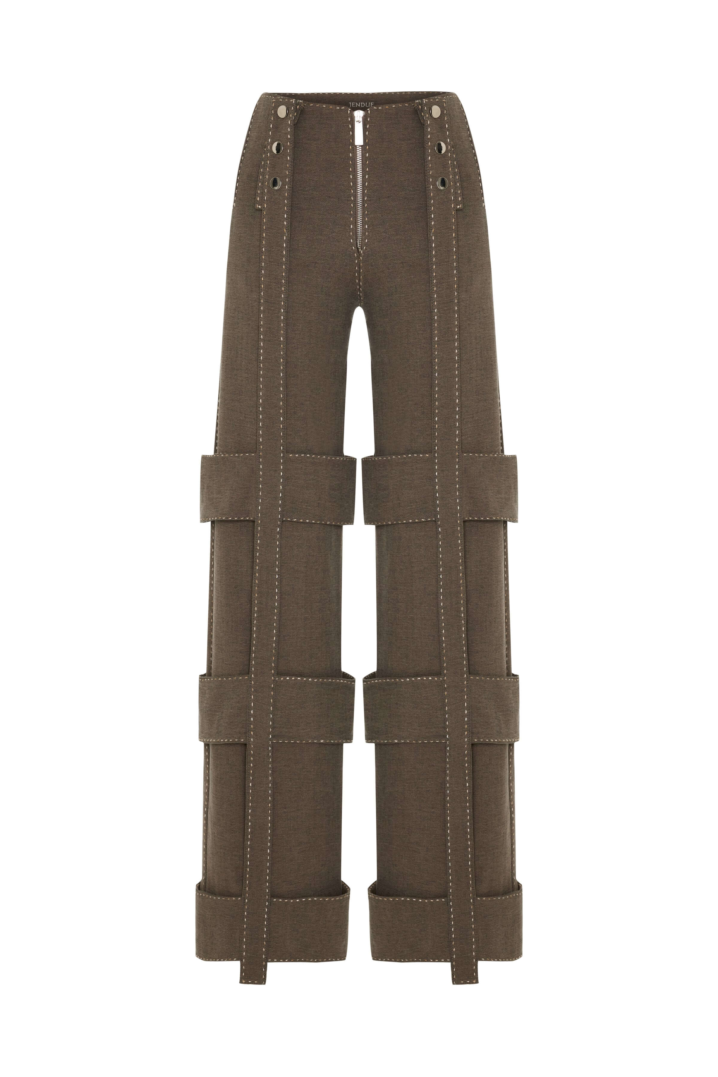 JENDUE Wild Flower Denim Jeans: brown, wide-leg trousers featuring unique crisscross straps on the legs and exposed silver zipper fly.