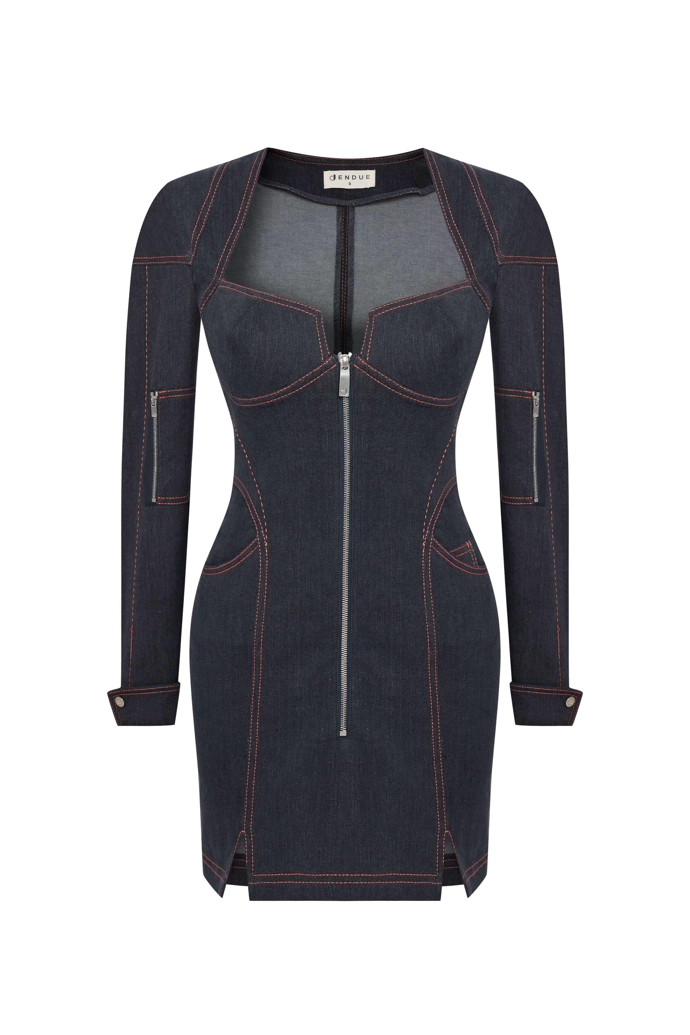 JENDUE Zeitgeist Denim Dress - Long Sleeve Jean Mini Dress