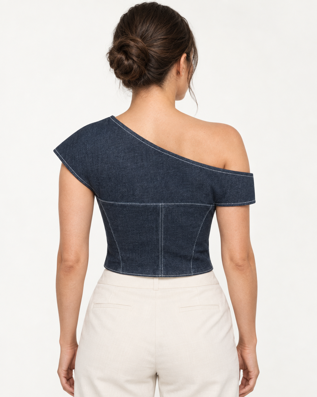 Vonk Asymmetric Denim Top | Off-Shoulder Corset — on-model styling view B