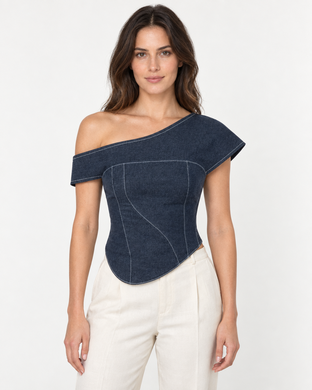 Vonk Asymmetric Denim Top | Off-Shoulder Corset — on-model styling view A