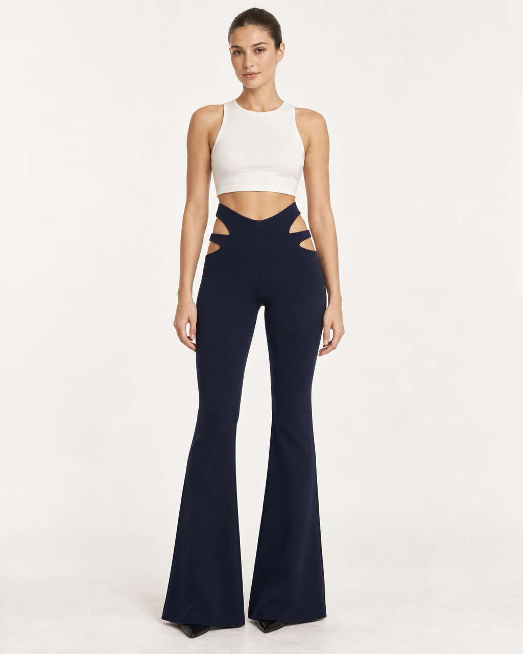 Luma Eria Trousers - Cut-Out High-Waist Flare Pants — on-model styling view B