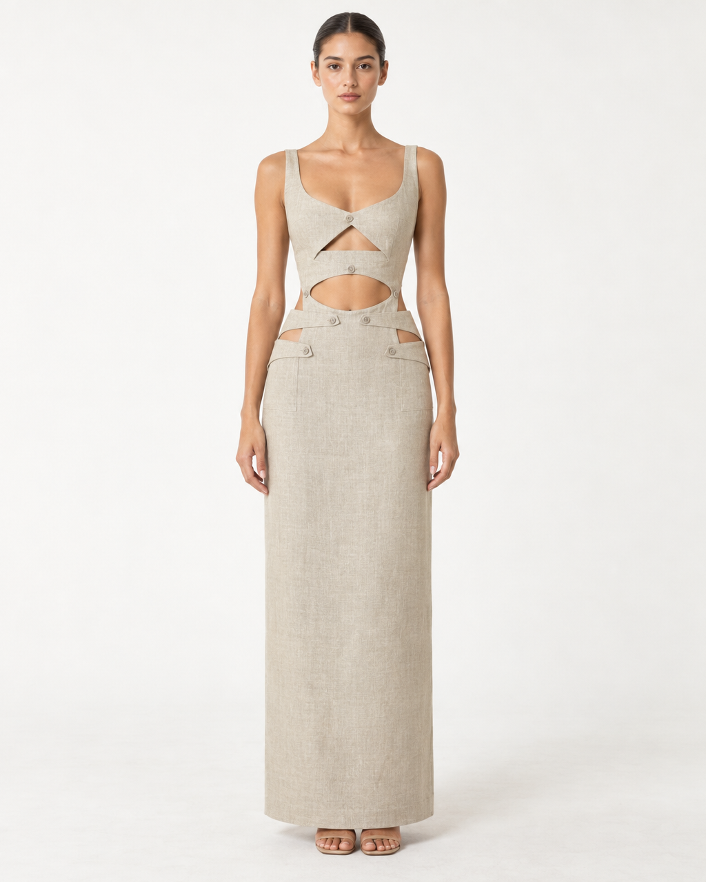 Chiara Dress - Linen Cut-Out Maxi Dress — on-model styling view A