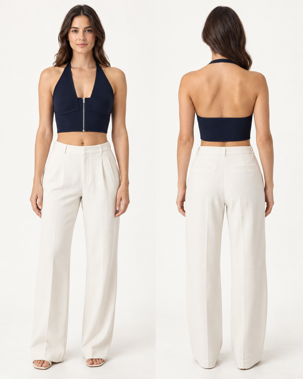 Luma Eria Crop - Women Zip-Up Halter Knit Crop Top — on-model styling view B