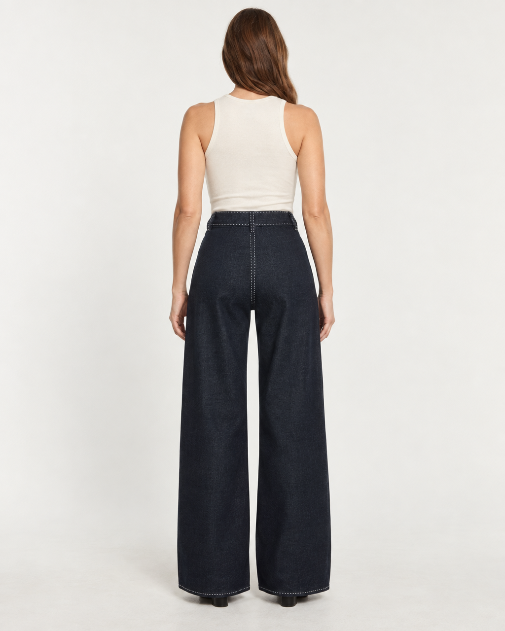 Livia Trousers - Wide-Leg High-Waist Navy Denim — on-model styling view B